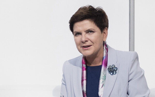 Beata Szydło, then the prime minister of Poland, speaks to reporters in Warsaw, July 31, 2016. (Kancelaria Premiera via JTA) Beata Szydło, then the prime minister of Poland, speaks to reporters in Warsaw, July 31, 2016. (Kancelaria Premiera via JTA)