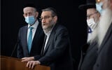 United Torah Judaism leader Moshe Gafni gives a press statement after meeting with President Reuven Rivlin at the President's Residence in Jerusalem on April 5, 2021. (Yonatan Sindel/Flash90)