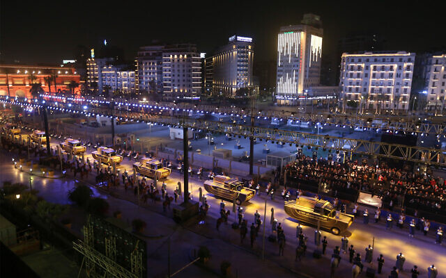 A convoy of vehicles transporting royal mummies in Cairo, Egypt, April 3, 2021. (AP Photo)