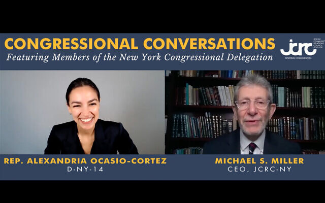 Rep. Alexandria Ocasio-Cortez, D-NY, is interviewed by Michael Miller, head of the Jewish Community Relations Council of New York, April 1, 2021. (Screenshot/YouTube) Rep. Alexandria Ocasio-Cortez, D-NY, is interviewed by Michael Miller, head of the Jewish Community Relations Council of New York, April 1, 2021. (Screenshot/YouTube)
