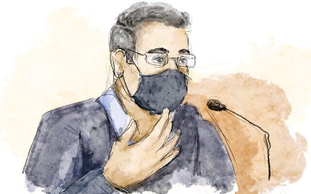 Court sketch of Ilan Yeshua in the Jerusalem District Court, April 5, 2021. (Biana Zakutnik)
