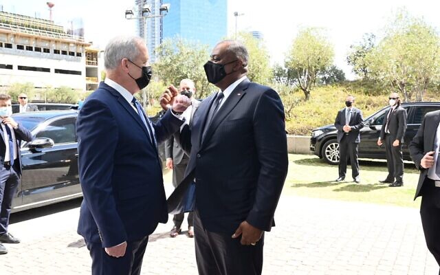 Defense Minister Benny Gantz, left, meets with US Defense Secretary Lloyd Austin, right, at Israel's military headquarters in Tel Aviv on April 11, 2021. (Ariel Hermoni) Defense Minister Benny Gantz, left, meets with US Defense Secretary Lloyd Austin, right, at Israel's military headquarters in Tel Aviv on April 11, 2021. (Ariel Hermoni)