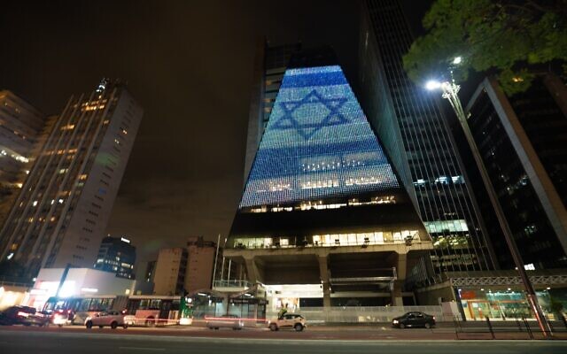 The Chamber of Commerce in San Paolo lights up in blue and white in honor of Israel's Independence Day on April 14, 2021. (Foreign Ministry) The Chamber of Commerce in San Paolo lights up in blue and white in honor of Israel's Independence Day on April 14, 2021. (Foreign Ministry)