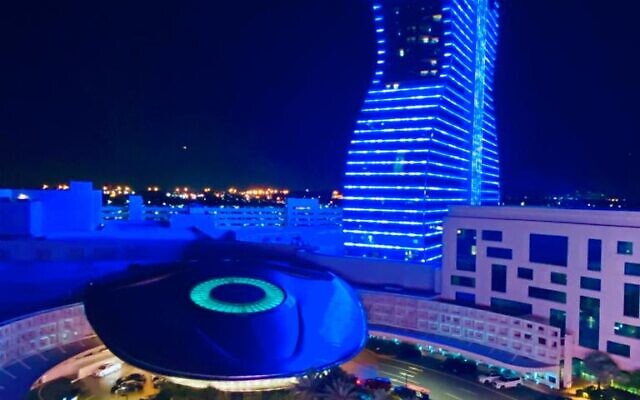 Hard Rock Hotel in Hollywood, Florida lights up in blue and white in honor of Israel's Independence Day on April 14, 2021. (Foreign Ministry) Hard Rock Hotel in Hollywood, Florida lights up in blue and white in honor of Israel's Independence Day on April 14, 2021. (Foreign Ministry)