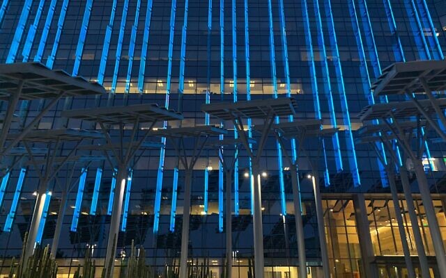 Las Vegas city hall lights up in blue and white in honor of Israel's Independence Day on April 14, 2021. (Foreign Ministry) Las Vegas city hall lights up in blue and white in honor of Israel's Independence Day on April 14, 2021. (Foreign Ministry)