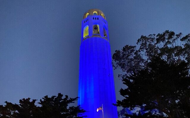 San Francisco's Coit Tower lights up in blue and white in honor of Israel's Independence Day on April 14, 2021. (Foreign Ministry) San Francisco's Coit Tower lights up in blue and white in honor of Israel's Independence Day on April 14, 2021. (Foreign Ministry)