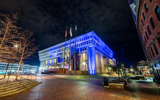 Boston's City Hall lights up in blue and white in honor of Israel's Independence Day on April 14, 2021. (Foreign Ministry) Boston's City Hall lights up in blue and white in honor of Israel's Independence Day on April 14, 2021. (Foreign Ministry)