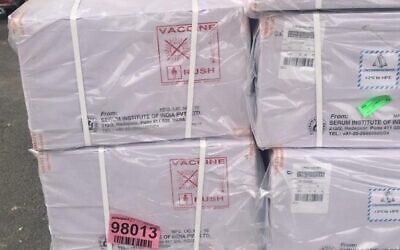 A shipment of AstraZenaca coronavirus vaccines, intended for use by Palestinians. (courtesy)