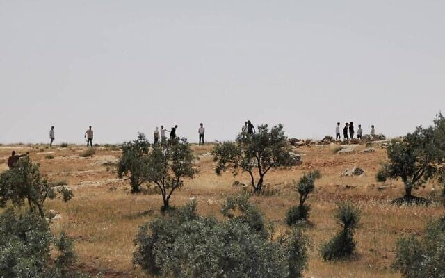 Settlers who allegedly attacked Palestinians in the south Hebron hills near the Palestinian town of al-Tuwani on April 24, 2021. (Eyal Huravni/ B'Tselem)