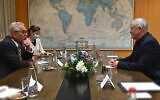 Defense Minister Benny Gantz (R) meets with United Nations Special Coordinator for the Middle East Peace Process Tor Wennesland on April 26, 2021. (Ariel Hermoni/Defense Ministry)