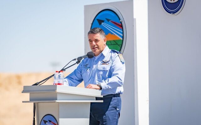 Israeli Air Force chief Amikam Norkin speaks at a reception ceremony for the new 'Oron' spy aircraft that was received by the military at the Nevatim air base in southern Israel on April 4, 2021. (Israel Defense Forces) Israeli Air Force chief Amikam Norkin speaks at a reception ceremony for the new 'Oron' spy aircraft that was received by the military at the Nevatim air base in southern Israel on April 4, 2021. (Israel Defense Forces)