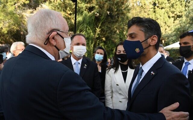 President Reuven Rivlin greets UAE Ambassador to Israel Mohammad Mahmoud Al Khajah while hosting the foreign diplomatic corps at his residence in Jerusalem for Independence Day, April 15, 2021 (GPO) President Reuven Rivlin greets UAE Ambassador to Israel Mohammad Mahmoud Al Khajah while hosting the foreign diplomatic corps at his residence in Jerusalem for Independence Day, April 15, 2021 (GPO)