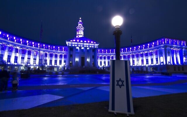 Denver's city call lights up in blue and white in honor of Israel's Independence Day on April 14, 2021. (Israeli-American Council) Denver's city call lights up in blue and white in honor of Israel's Independence Day on April 14, 2021. (Israeli-American Council)