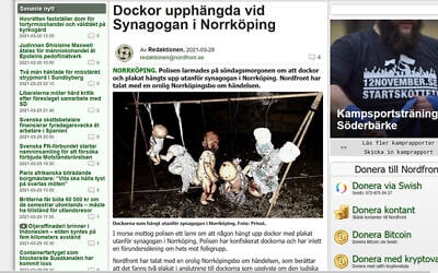 The website of the Nordic Resistance Movement features a picture of dolls hanged outside the synagogue of Norrkoping, Sweden, March 28, 2021. (NRM via JTA)