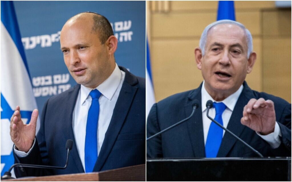 Left: Head of the Yamina party Naftali Bennett gives a press conference at the Knesset in Jerusalem, on April 21, 2021; Right: Prime Minister Benjamin Netanyahu speaks during a press conference at the Knesset in Jerusalem, on April 21, 2021. (Yonatan Sindel/Flash90) Left: Head of the Yamina party Naftali Bennett gives a press conference at the Knesset in Jerusalem, on April 21, 2021; Right: Prime Minister Benjamin Netanyahu speaks during a press conference at the Knesset in Jerusalem, on April 21, 2021. (Yonatan Sindel/Flash90)