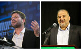 Religious Zionism chairman Bezalel Smotrich (L) and Ra'am chairman Mansour Abbas (R). (Sraya Diamant/David Cohen/Flash90)