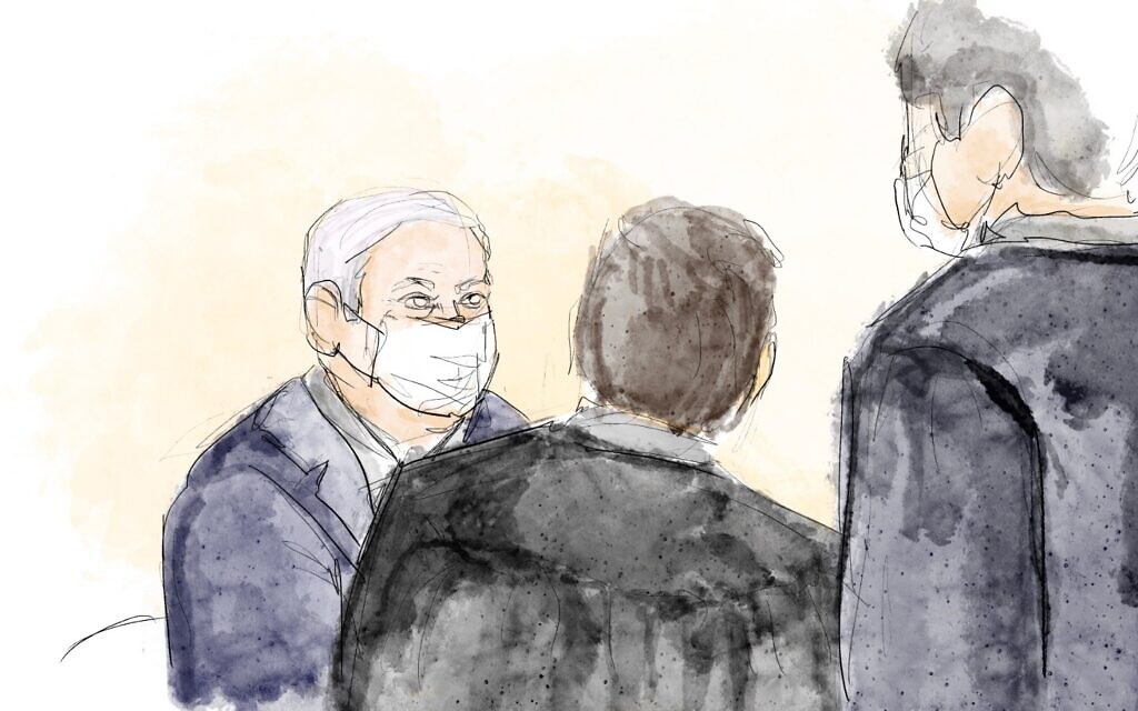 Court sketch of Prime Minister Benjamin Netanyahu in the Jerusalem District Court, April 5, 2021. (Biana Zakutnik)