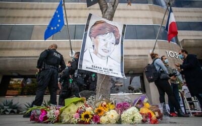 A memorial made by the Jewish community is seen in front of the Consulate General of France on April 25, 2021 in Los Angeles, California to demand justice for Sarah Halimi (Apu GOMES / AFP)
