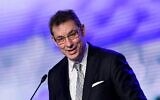 Pfizer CEO Albert Bourla speaks during a press conference at Pfizer's factory in Puurs, Belgium. (John Thys/Pool/AFP)