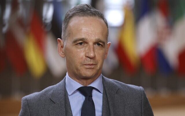 German Foreign Minister Heiko Maas speaks with the media upon his arrival for a meeting with EU foreign affairs ministers at the European Council building, in Brussels, on May 10, 2021. (Olivier Matthys/Pool/AFP) German Foreign Minister Heiko Maas speaks with the media upon his arrival for a meeting with EU foreign affairs ministers at the European Council building, in Brussels, on May 10, 2021. (Olivier Matthys/Pool/AFP)