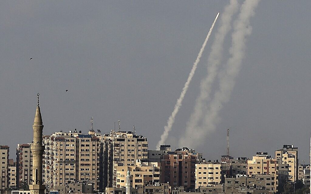 Rockets are fired from Gaza City, controlled by the Palestinian terror movement Hamas, towards Israel on May 10, 2021. (MAHMUD HAMS / AFP)