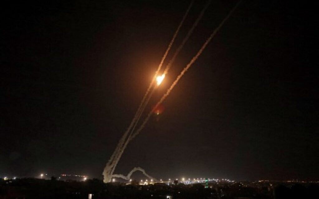 Rockets are fired towards Israel from Rafah in the southern Gaza Strip on May 14, 2021. (Photo by SAID KHATIB / AFP)