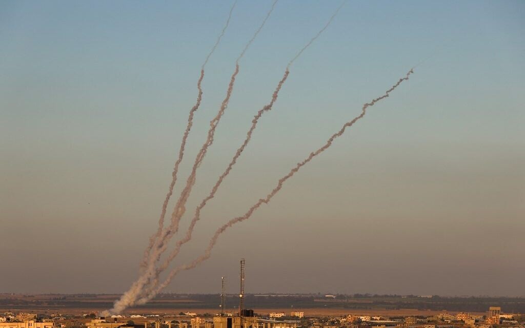 Rockets are launched towards Israel from Rafah, in the southern the Gaza Strip, controlled by the Palestinian Hamas terror group, on May 15, 2021. (Said KHATIB / AFP)