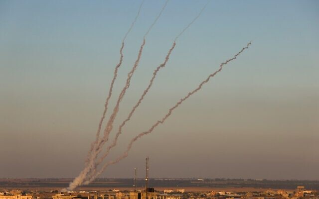 Rockets are launched towards Israel from Rafah, in the southern the Gaza Strip, controlled by the Palestinian Hamas terror group, on May 15, 2021. (Said KHATIB / AFP) Rockets are launched towards Israel from Rafah, in the southern the Gaza Strip, controlled by the Palestinian Hamas terror group, on May 15, 2021. (Said KHATIB / AFP)