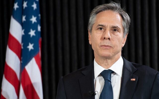 US Secretary of State Antony Blinken is seen during a joint press conference with his Danish counterpart in Copenhagen, Denmark, on May 17, 2021. (Saul Loeb/Pool/AFP) US Secretary of State Antony Blinken is seen during a joint press conference with his Danish counterpart in Copenhagen, Denmark, on May 17, 2021. (Saul Loeb/Pool/AFP)