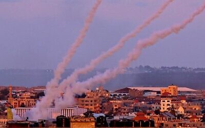 Rockets are launched towards Israel from the southern Gaza Strip, on May 17, 2021. (Photo by SAID KHATIB / AFP)