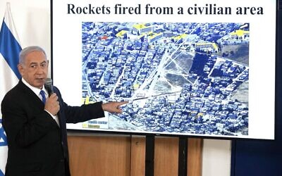Prime Minister Benjamin Netanyahu during a briefing on the conflict with terror groups in the Gaza Strip held for foreign envoys in Tel Aviv, May 19, 2021. (Sebastian Scheiner / POOL / AFP)