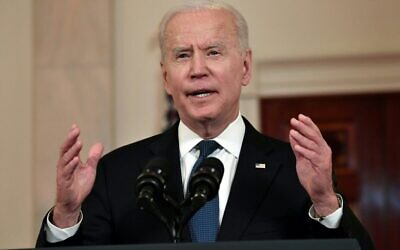 US President Joe Biden delivers remarks on the Middle East in the Cross Hall of the White House, in Washington, DC on May 20, 2021, soon after Israel and the two main Palestinian terror groups in Gaza, Hamas and Islamic Jihad, announced a ceasefire (Nicholas Kamm / AFP)