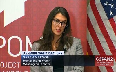 Sarah Margon appears on a panel at the Hoover Institute in Washington DC on Oct. 18, 2018. (C-SPAN via JTA)
