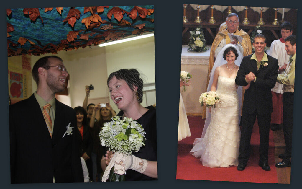Stephen and Bethany Slater at their first Christian wedding, right, and their Jewish wedding. (Courtesy/ via JTA)