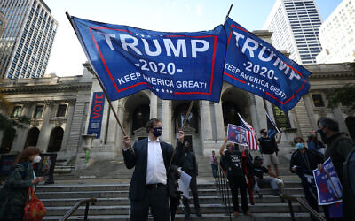 Some Trump-supporting Jews gather in front of the New York Public Library on Fifth Avenue as part of a protest to stop antisemitism, October 15, 2020. (Tayfun Coskun/Anadolu Agency via Getty Images)