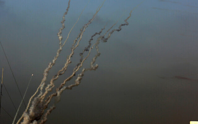 Rockets are fired from Gaza City towards Israel on May 11, 2021 (Atia Mohammed/Flash90)