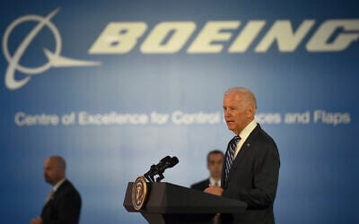 Illustrative: US Vice President Joe Biden addresses workers and staff after a tour of the Boeing Aerostructures Australia plant in Melbourne, Australia on July 18, 2016. (Paul Crock/Pool Photo via AP)