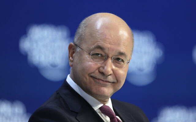 Iraq's President Barham Salih addresses the World Economic Forum in Davos, Switzerland, January 22, 2020. (Markus Schreiber/AP) Iraq's President Barham Salih addresses the World Economic Forum in Davos, Switzerland, January 22, 2020. (Markus Schreiber/AP)
