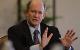 Senator Chris Coons of Delaware talks to the journalists during a press briefing in Abu Dhabi, United Arab Emirates, on May 3, 2021. (AP/Kamran Jebreili)
