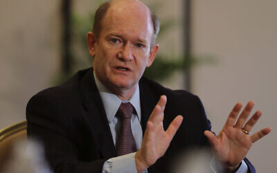 Senator Chris Coons of Delaware talks to the journalists during a press briefing in Abu Dhabi, United Arab Emirates, on May 3, 2021. (AP/Kamran Jebreili)