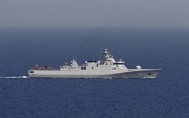 A UNIFIL Navy ship patrols in the Mediterranean Sea next to a base of the UN peacekeeping force, off the southern town of Naqoura, Lebanon, May 4, 2021. (Hussein Malla/AP) A UNIFIL Navy ship patrols in the Mediterranean Sea next to a base of the UN peacekeeping force, off the southern town of Naqoura, Lebanon, May 4, 2021. (Hussein Malla/AP)