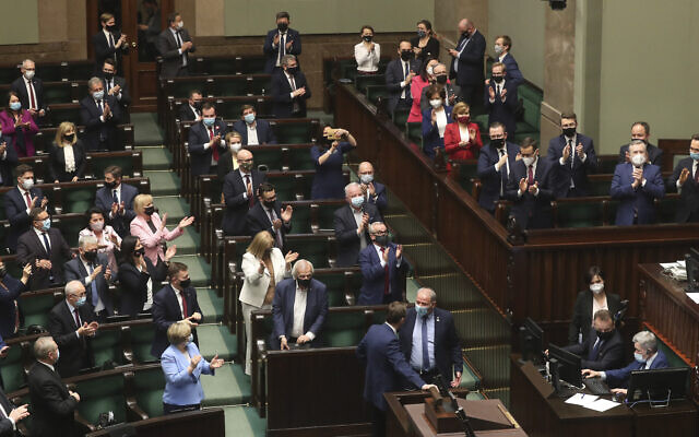 Poland's lawmakers after voting – some in parliament, some remotely – in Warsaw, Poland, on May 4, 2021. (AP Photo/Czarek Sokolowski) Poland's lawmakers after voting – some in parliament, some remotely – in Warsaw, Poland, on May 4, 2021. (AP Photo/Czarek Sokolowski)