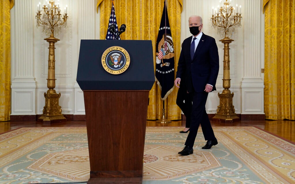 US President Joe Biden arrives to speak about the economy, in the East Room of the White House on May 10, 2021, in Washington. (AP/Evan Vucci) US President Joe Biden arrives to speak about the economy, in the East Room of the White House on May 10, 2021, in Washington. (AP/Evan Vucci)