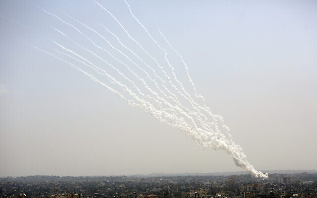 Rockets are launched from Gaza Strip toward Israel, May 11, 2021. (AP Photo/Hatem Moussa)