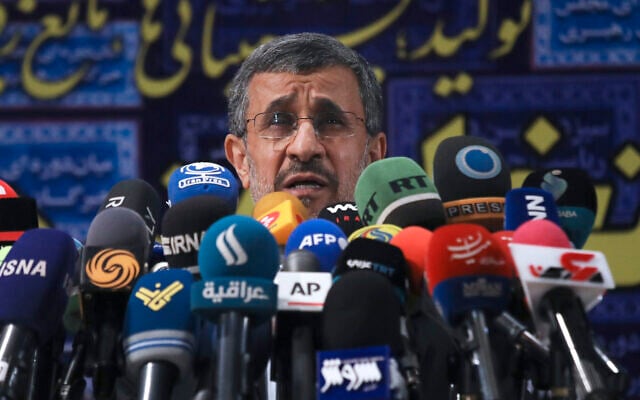 Former Iranian president Mahmoud Ahmadinejad speaks with the media after registering his name as a candidate for the June 18 presidential elections at elections headquarters of the Interior Ministry in Tehran, Iran, May 12, 2021. (AP Photo/Vahid Salemi) Former Iranian president Mahmoud Ahmadinejad speaks with the media after registering his name as a candidate for the June 18 presidential elections at elections headquarters of the Interior Ministry in Tehran, Iran, May 12, 2021. (AP Photo/Vahid Salemi)