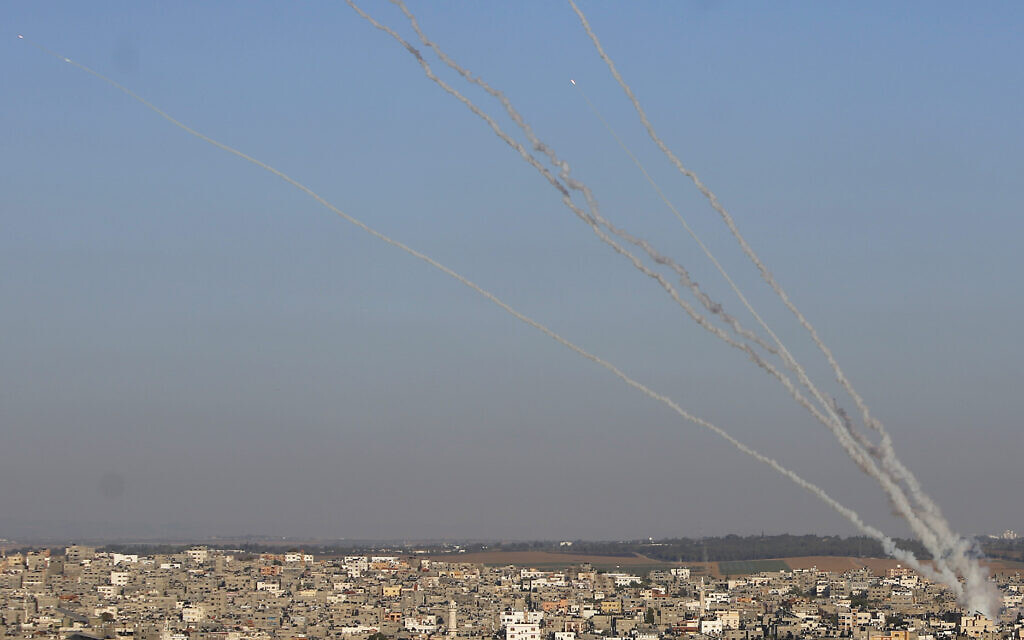 Rockets are launched from Gaza Strip to Israel , Friday, May 14, 2021. (AP Photo/Hatem Moussa)