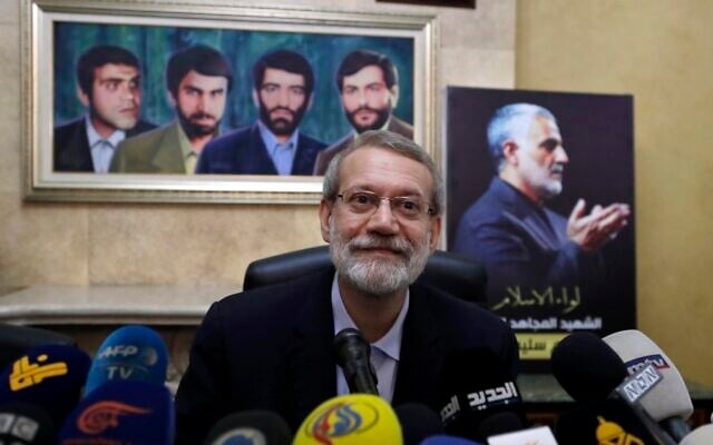 In this Feb. 17, 2020, file photo, former Iranian parliament speaker Ali Larijani speaks to journalists at the Iranian Embassy in Beirut, Lebanon (AP Photo/Hassan Ammar, File) In this Feb. 17, 2020, file photo, former Iranian parliament speaker Ali Larijani speaks to journalists at the Iranian Embassy in Beirut, Lebanon (AP Photo/Hassan Ammar, File)