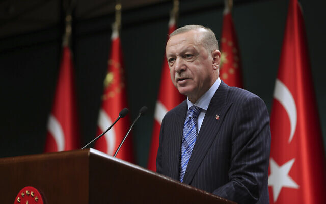 Turkey's President Recep Tayyip Erdogan talks following his cabinet meeting in Ankara, May 17, 2021. (Mustafa Kamaci/Turkish Presidency via AP) Turkey's President Recep Tayyip Erdogan talks following his cabinet meeting in Ankara, May 17, 2021. (Mustafa Kamaci/Turkish Presidency via AP)
