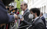 Deputy Secretary General and Political Director of the European External Action Service (EEAS), Enrique Mora, addresses the media as he leaves the 'Grand Hotel Wien' where closed-door nuclear talks with Iran took place in Vienna, Austria, May 19, 2021. (AP Photo/Lisa Leutner)