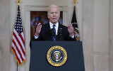 US President Joe Biden speaks about a ceasefire between Israel and Hamas, in the Cross Hall of the White House, May 20, 2021, in Washington. (AP Photo/Evan Vucci)